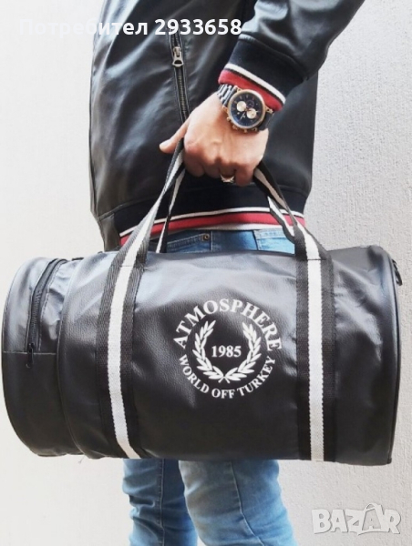 Мъжкият кожен сак за пътуване или фитнес представлява модерен кръгъл дизайн, снимка 1
