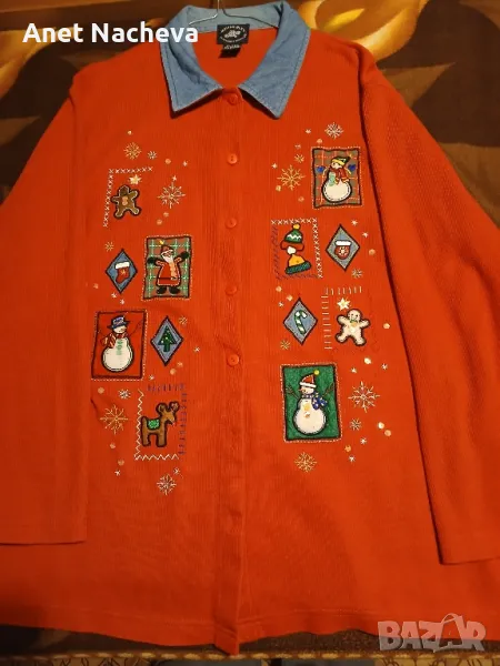 Риза дамска с дънкова яка и Бродирани Коледни фигури, снимка 1