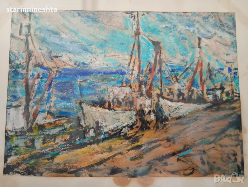 СОЗОПОЛ ПРИСТАНА 1967 год. стара картина художник Цветан Добрев старинна картина , снимка 1