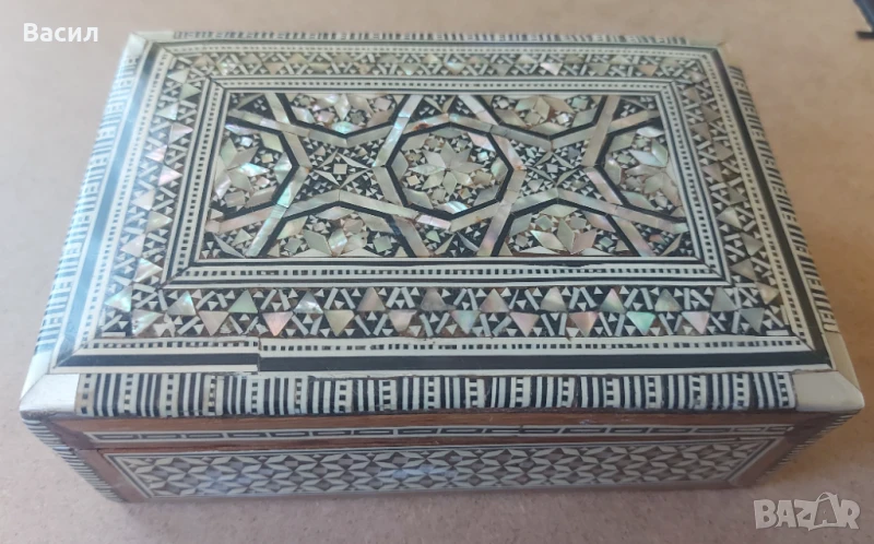 Стара дървена кутия за бижута седеф Интарзия, снимка 1