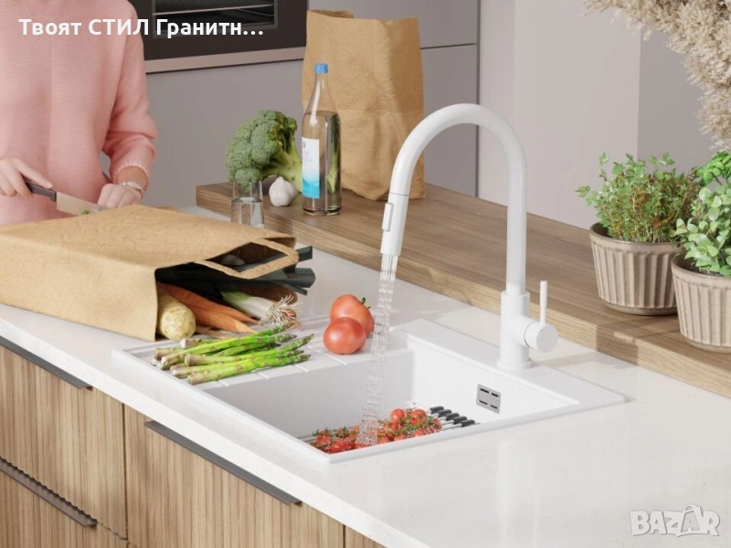 Бяла гранитна кухненска мивка Сидни 620-45 Ergo Multilevel 620х500, снимка 1