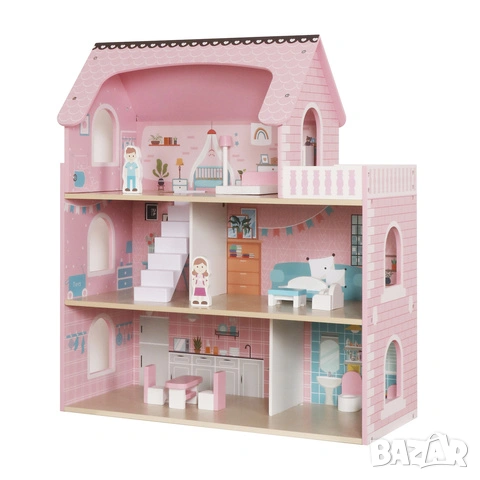 Къщичка за кукли / Детска дървена къща за кукли с мебели и осветление, снимка 3 - Кукли - 53520647
