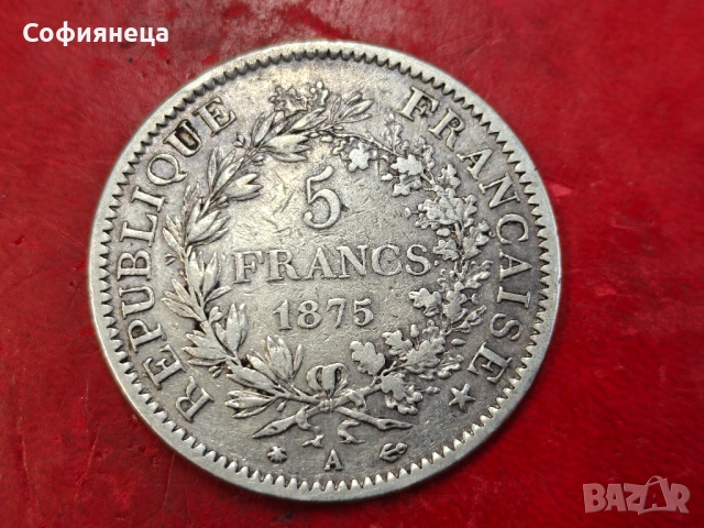 Франция  5 франка  1875 сребърна монета, снимка 2 - Нумизматика и бонистика - 53716680
