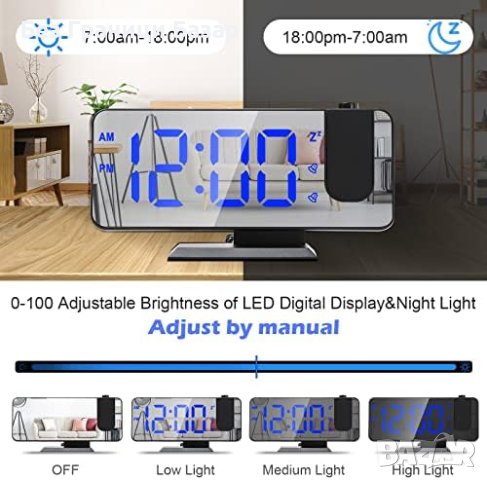 Нов Проекторен Будилник с Двойна Аларма и USB - Черен, снимка 5 - Друга електроника - 44498672