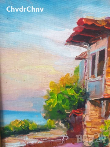 Димитър Генев 33x27см/малка българска картина масло върху платно/стара къща край морето, снимка 3 - Картини - 51153012