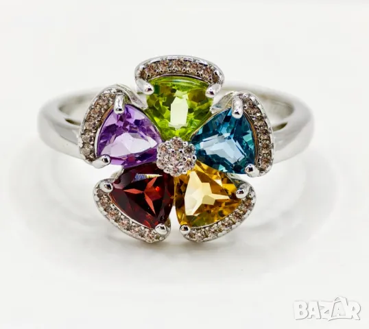 Сребърен 925 Пръстен с Камъни - Натурален Перидот Аметист Гранат Цитрин London Blue Топаз и Циркони!, снимка 4 - Пръстени - 47471429