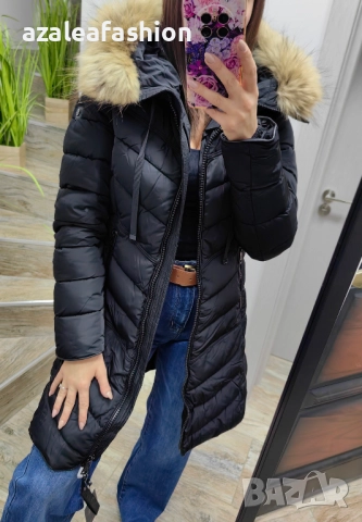 Дълго зимно яке с естествен косъм черно, снимка 9 - Якета - 52686595
