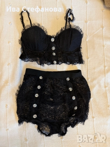 Луксозен черен дантела дантелен сет комплект от две части бикини висока талия с диамантени копчета , снимка 2 - Бельо - 52722150