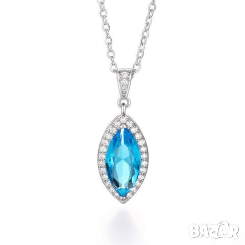 Сребърно колие с аквамарин и циркони, снимка 4 - Колиета, медальони, синджири - 42002754