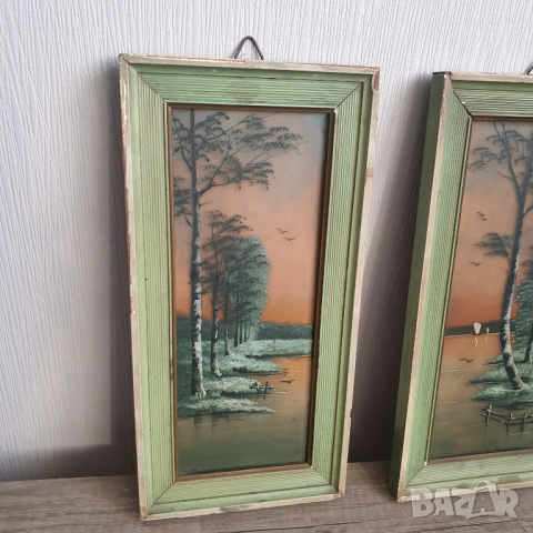 Стари малки картини „Езерен пейзаж“, рисувани върху стъкло, снимка 5 - Антикварни и старинни предмети - 52061087