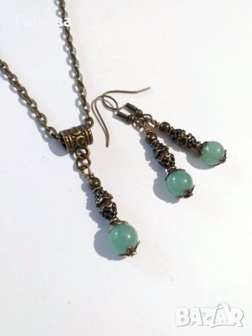 Разкошен комплект бижута обеци и колие с Нефрит и красиви орнаменти цвят Античен бронз , снимка 6 - Бижутерийни комплекти - 41882660