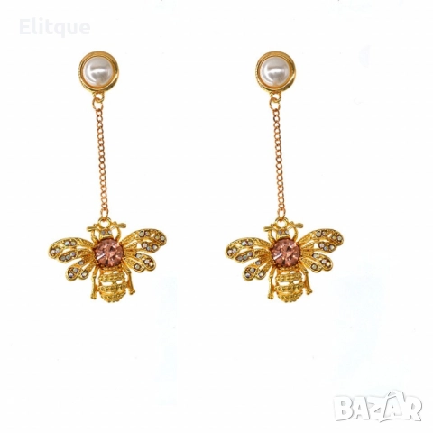 Златни обеци с висулка пчела А206, снимка 5 - Обеци - 52813015