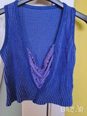 Дамска къса синя блуза с платка деколте S-М 95 % памук, снимка 2 - Тениски - 41414497