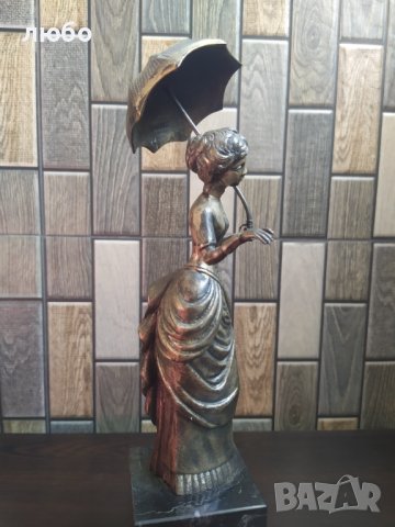 Бронзова Скулптура във Сребърно Покритие-Дамата със Чадъра 19 Век Испания 31 см Височина , снимка 4 - Статуетки - 42112272