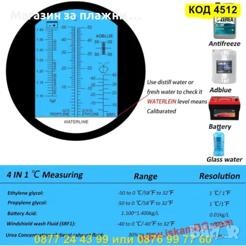 Мултифункционален 4-в-1 тестер за автомобилни течности – антифриз, AdBlue,електролит - КОД 4412, снимка 6 - Аксесоари и консумативи - 50352340