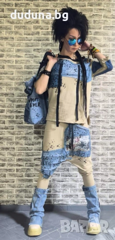 Страхотен дамски сет в бежаво дънки потури и блуза с деним!, снимка 2 - Комплекти - 53262442