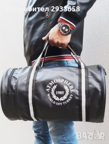 Мъжкият кожен сак за пътуване или фитнес представлява модерен кръгъл дизайн, снимка 1