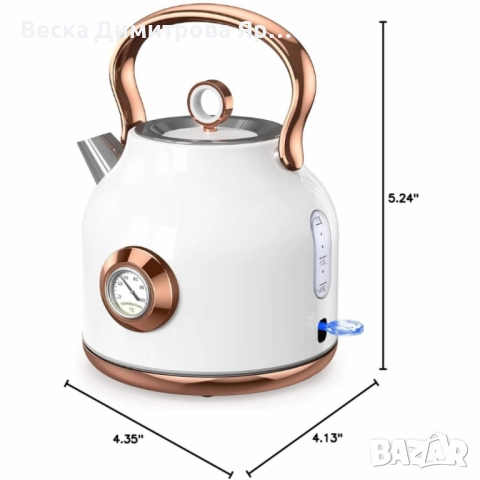 Електрически чайник NESSGRAIM от неръждаема стомана с ретро термометър – 1.7 L, 2200W, снимка 5 - Кани - 52143030