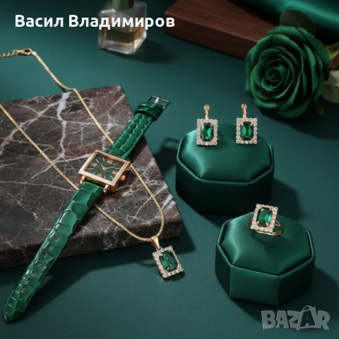 Елегантен комплект часовник и бижута с зелени кристали и златист корпус, снимка 2 - Бижутерийни комплекти - 53071960