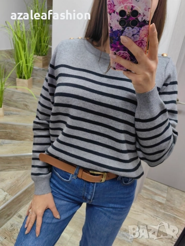 Сив дамски пуловер райе, снимка 2 - Блузи с дълъг ръкав и пуловери - 52686456