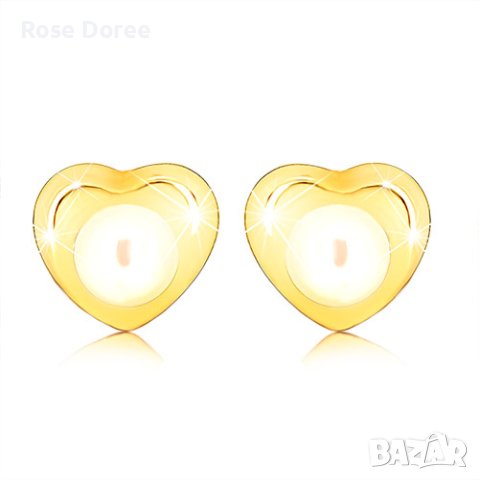 Обеци, изработени от жълто 9К злато - малко лъскаво сърце, кръгла перла, снимка 1
