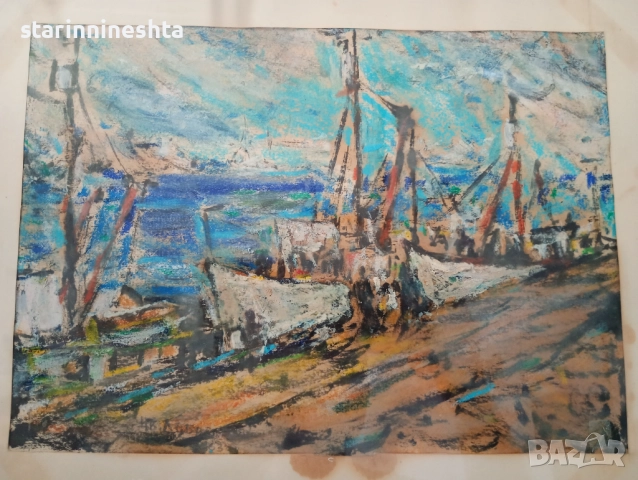 СОЗОПОЛ ПРИСТАНА 1967 год. стара картина художник Цветан Добрев старинна картина 