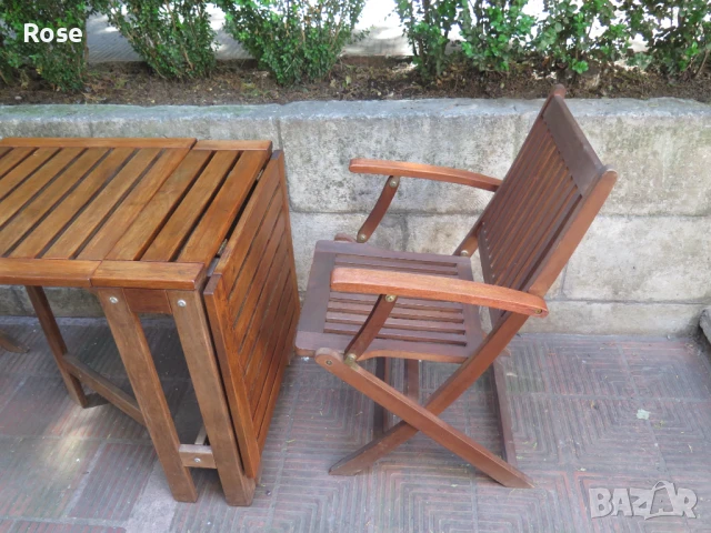 Тиково дърво-двойно сгъваема маса и 2бр.столове  ,Скандинавски мебели, снимка 5 - Градински мебели, декорация  - 50879162