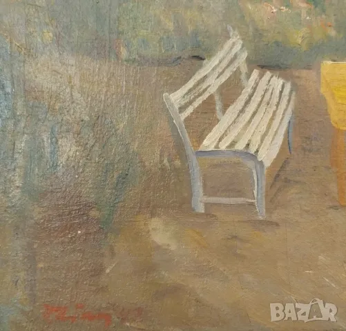 ПЕТКО АБАДЖИЕВ СТАРА БЪЛГАРСКА МАСЛЕНА КАРТИНА - КАРЛОВСКИ ДВОР 1943 , снимка 3 - Антикварни и старинни предмети - 48941545