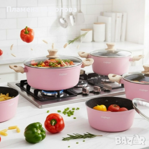 Cheffinger - Розов комплект тенджери, с мраморно покритие, здравословно готвене без залепване, снимка 5 - Съдове за готвене - 51909293