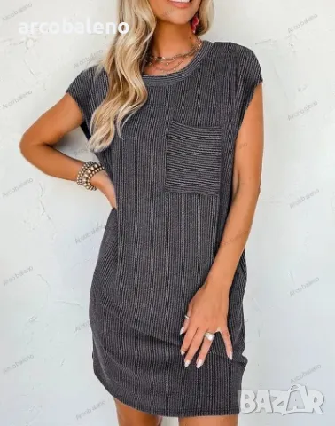 Ежедневна дамска рокля с джоб с къси ръкави и контрастни вълнообразни райета, 8цвята , снимка 5 - Рокли - 49494573