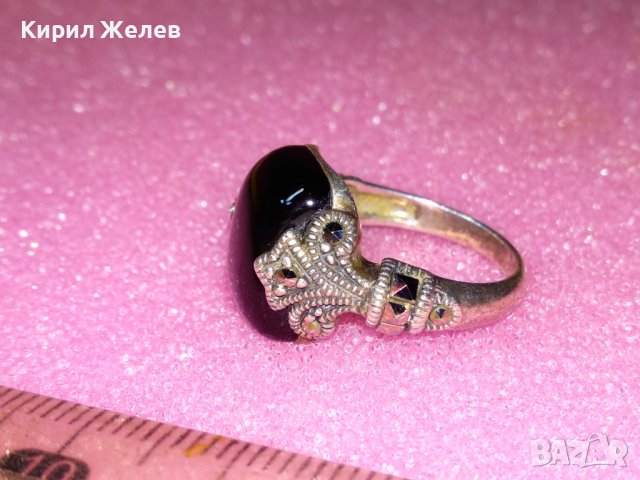 РАЗКОШЕН АНГЛИЙСКИ СКЪПОЦЕНЕН СРЕБЪРЕН ПРЪСТЕН СРЕБРО 925 с ЧЕРЕН ЯСПИС и ФАСЕТИРАНИ МАРКАЗИТИ 42041, снимка 10 - Пръстени - 44390593