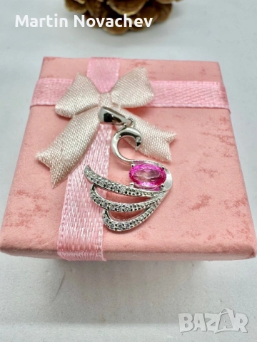 Сребърна висулка лебед с естествен розов топаз, снимка 5 - Колиета, медальони, синджири - 53331829