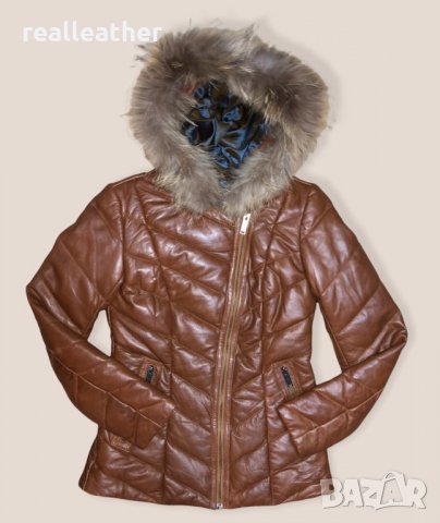 Дамско яке от естествена кожа с качулка и яка от естествен косъм в кафяво, снимка 1