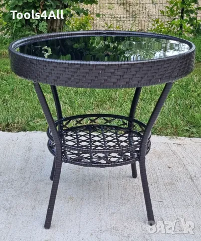 Ратанов комплект OASIS Маса и 2 стола и поставка, снимка 2 - Градински мебели, декорация  - 50307849