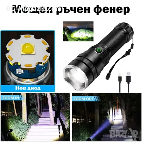 Мощен акумулаторен ръчен лед фенер водоустойчив USB зареждане LED CREE за лов риболов туризъм