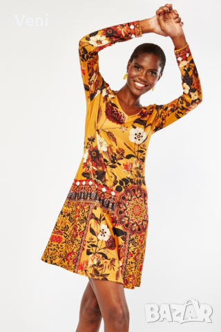Африкански мотив жълта рокля с дълъг ръкав, снимка 2 - Рокли - 44605725