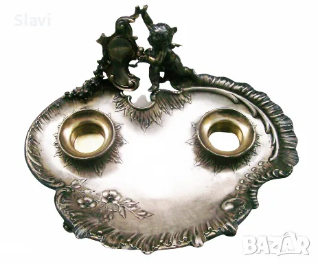 Антикварна мастилница-Antique Silver Plated Ink Well Stand, снимка 6 - Антикварни и старинни предмети - 55741198
