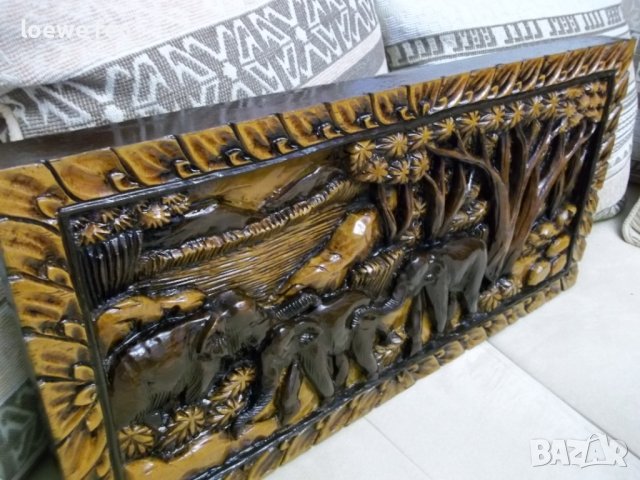 Ръчна Дърворезба Абаносово Дърво Слонове Слон - 61 см на 29,5 см ! Пано Картина !, снимка 7 - Картини - 39910521