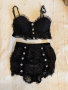 Луксозен черен дантела дантелен сет комплект от две части бикини висока талия с диамантени копчета , снимка 2