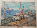 СОЗОПОЛ ПРИСТАНА 1967 год. стара картина художник Цветан Добрев старинна картина , снимка 1