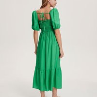 Дълга нова елегантна зелена рокля Reserved буфан ръкав къдри волани , снимка 7 - Рокли - 41203081