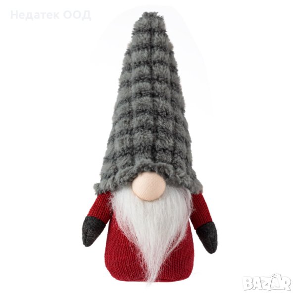 Коледна фигура, Гном  с жакартова шапка 25 см, Червено/ сив, снимка 1