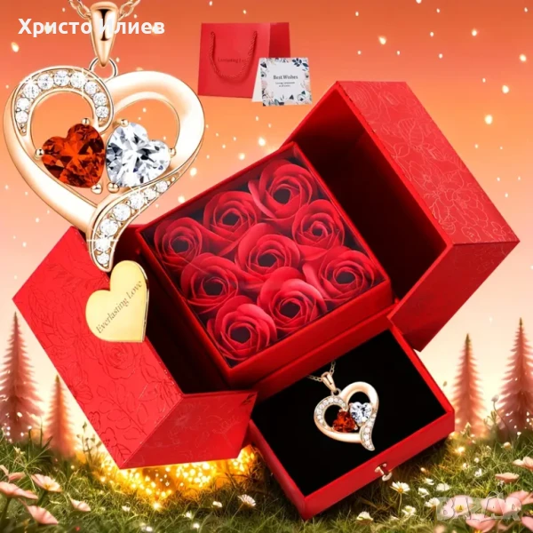 Златно колие с камъни в луксозна кутия с рози Подарък за жена майка, снимка 1