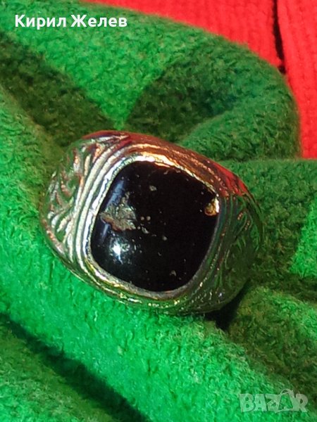 СТАРИНЕН БРОНЗОВ ПОСРЕБРЕН МАСИВЕН ПРЪСТЕН с ЧЕРЕН ОНИКС РЪЧНА ИЗРАБОТКА 22227, снимка 1