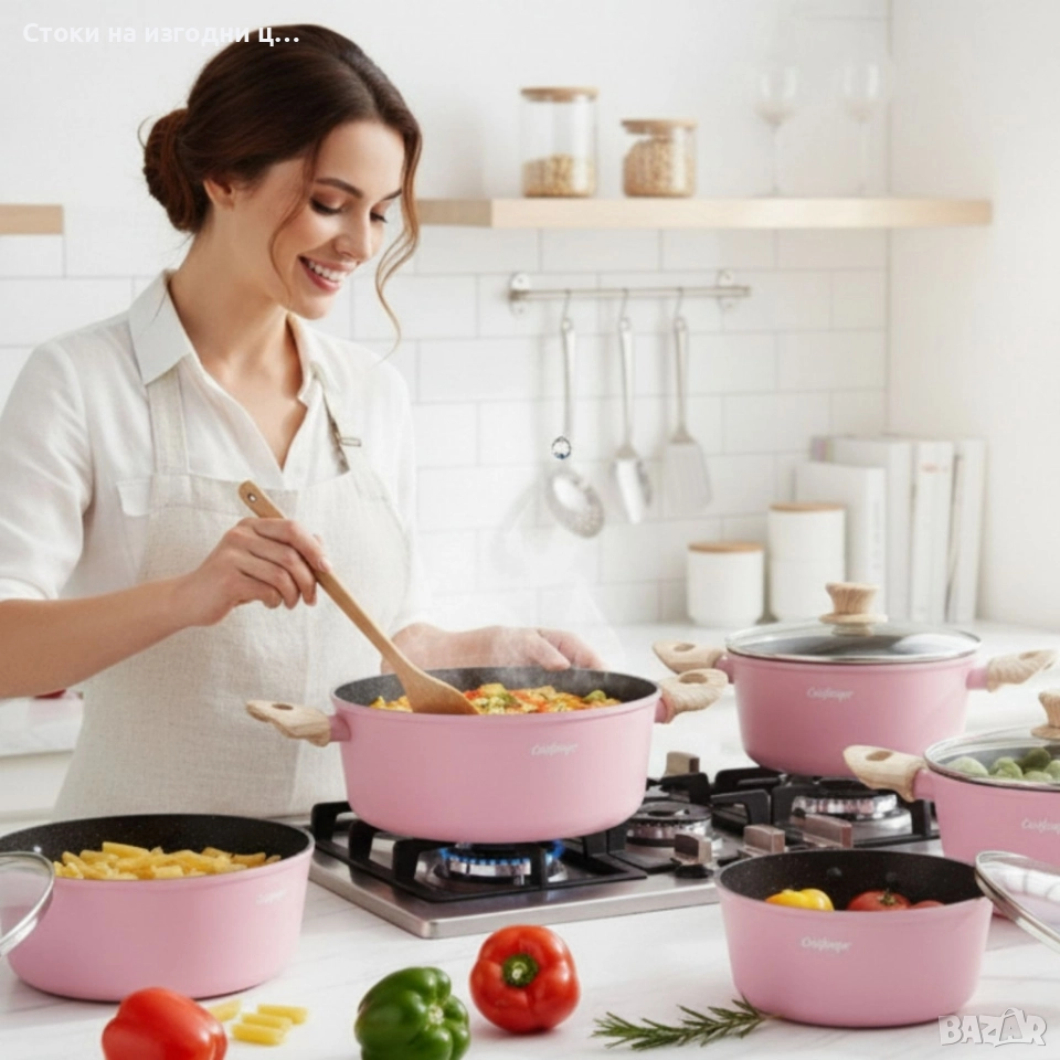 Cheffinger - Розов комплект тенджери, с мраморно покритие, здравословно готвене без залепване, снимка 1