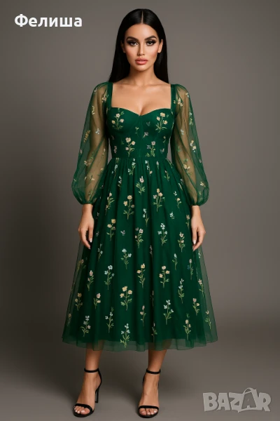 Луксозна Корсетна Бродирана Рокля в Изумрудено Кралско Зелен Цвят с Тюл и Богатство от Цветя , снимка 1