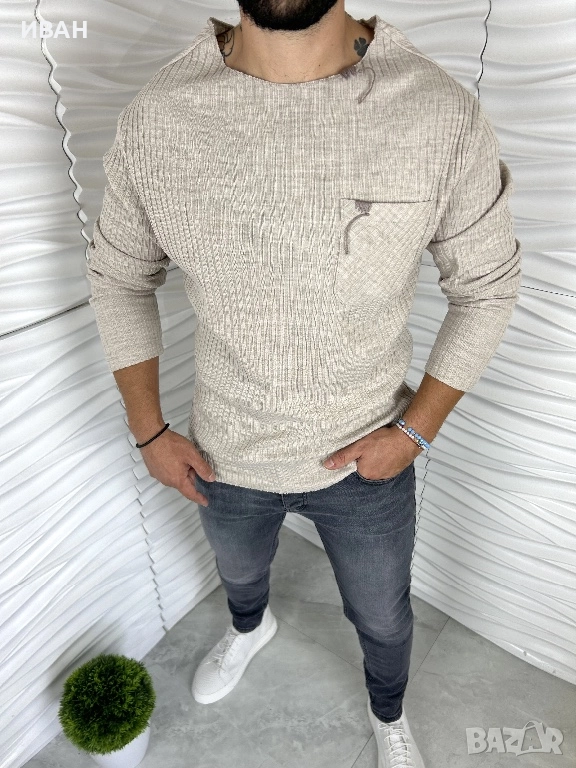 Мъжка релефна блуза в бежово с джоб отпред, снимка 1