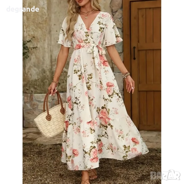 Разкроена рокля на цветя с ръкав камбана модел прегърни ме, снимка 1