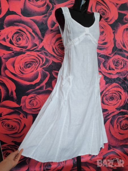 Бяла ленена рокля под коляното ХЛ, снимка 1