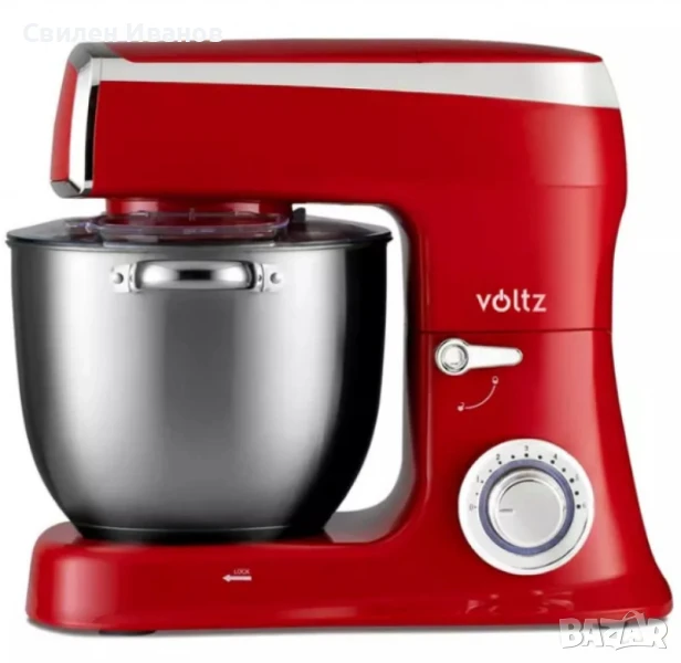 Планетарен миксер с купа от инокс Voltz, 2100W, 7.5 литра, 3 бъркалки, 6 степени + Pulse, LED, Черве, снимка 1